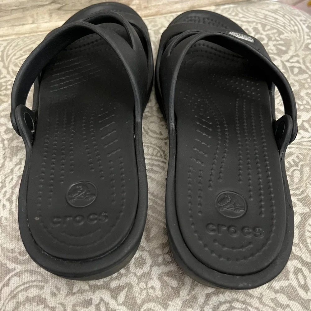 Crocs Monterey Strappy Wedge Sandals Black Slides Womens Size 6 206304